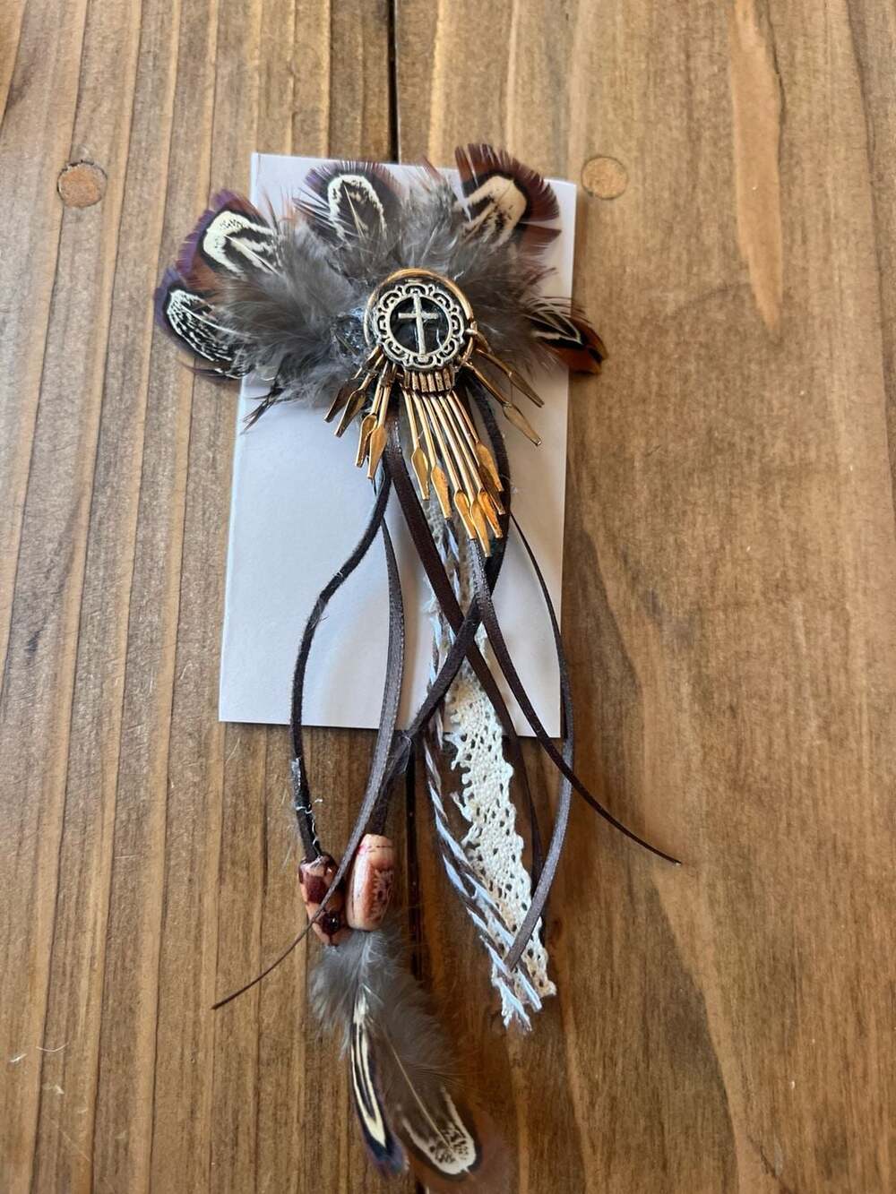 Indiana Designer Boho Western Feather Statement Earring with Cross Charm and Lac